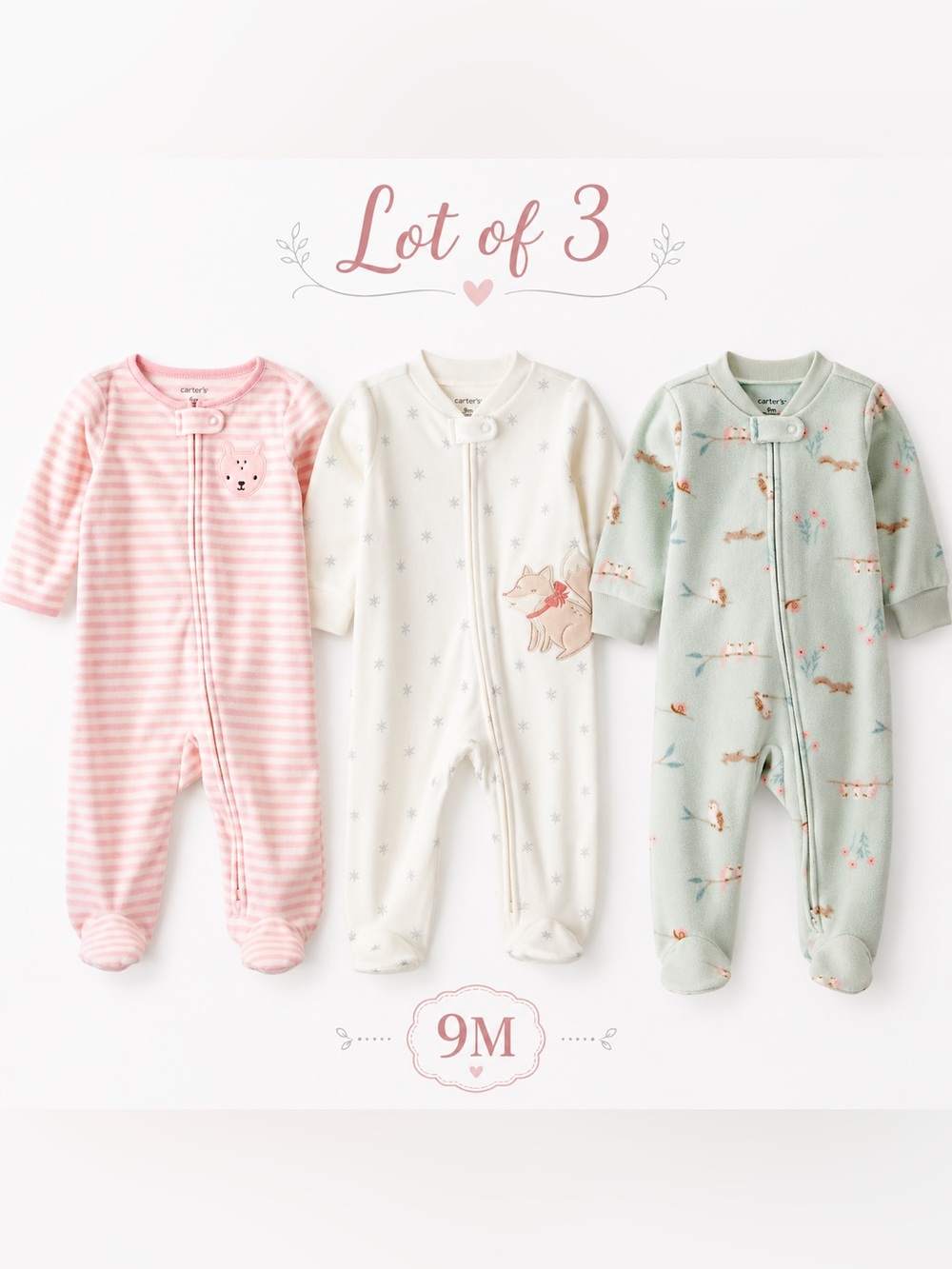 Carter’s Baby Girl 9M Fleece Footed Pajamas Sleep & Play Lot of 3 NWT